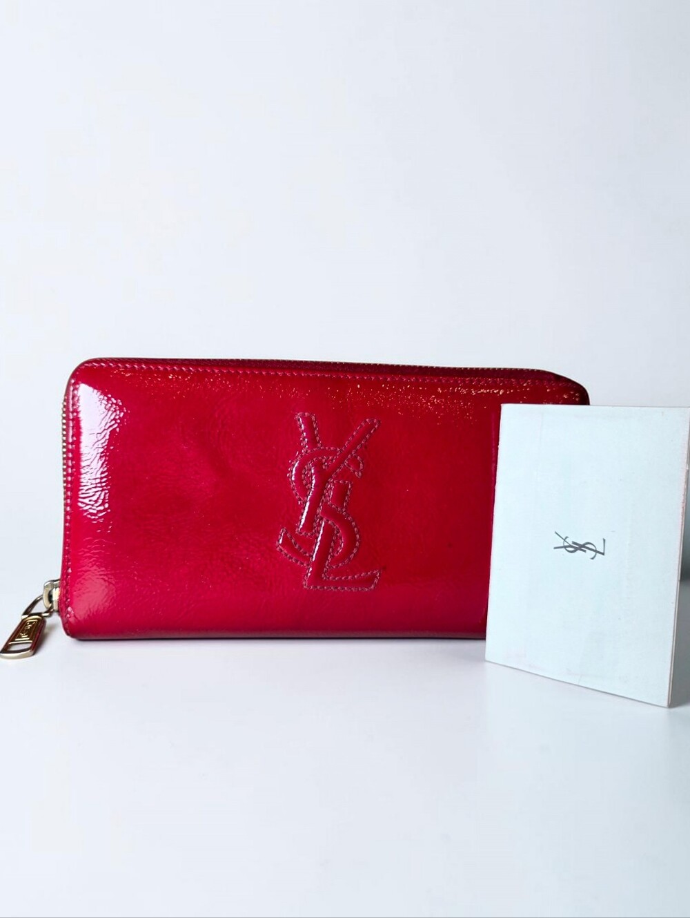 Saint Laurent YSL Red Patent Leather Zip Long Wallet